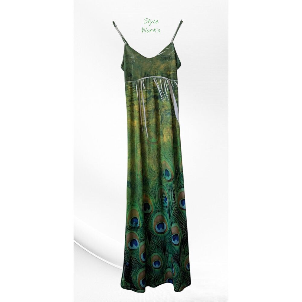 Style Works Peacock Feather Maxi Dress Green Blue Boho Spaghetti Strap